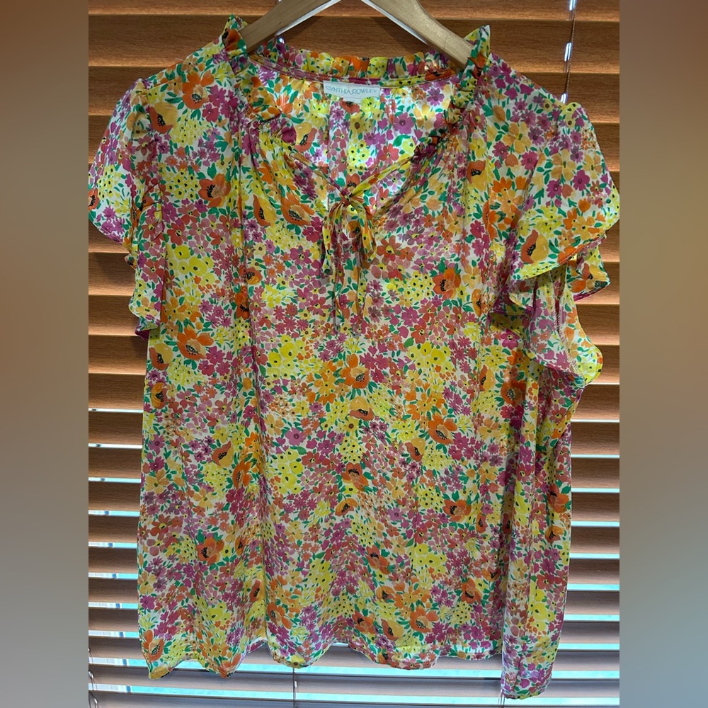 Cynthia Rowley Yellow Pink Orange Floral Tie-Neck Blouse